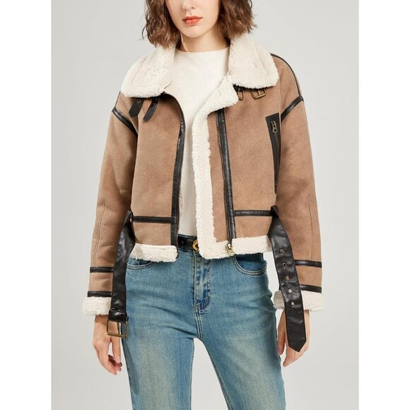 Women's Faux Lamb Fur Leather Short Jacket Lapel Zipper Bomber Coat Khaki - Picture 3 of 7